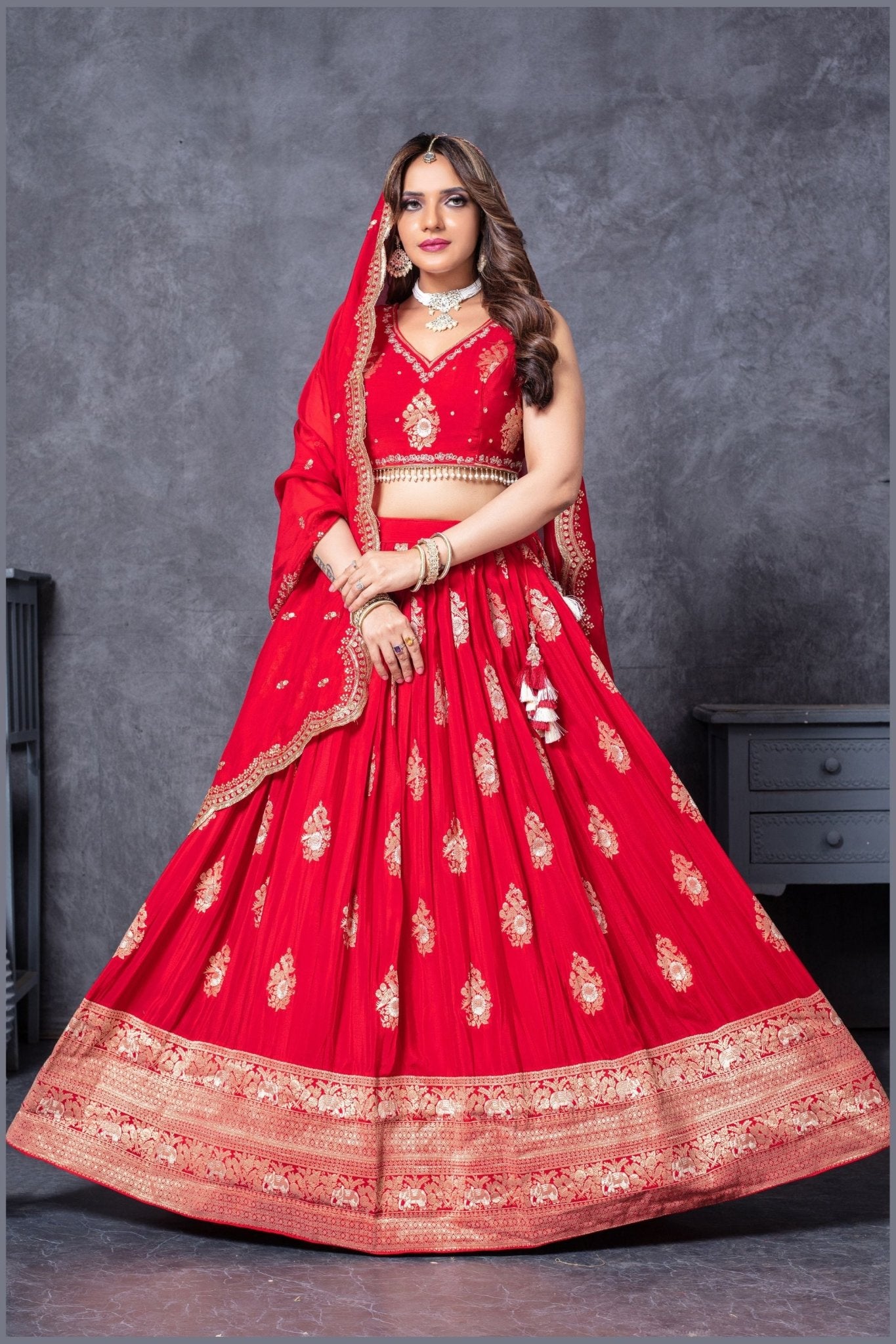 Traditional Red Embroidered Silk Lehenga Choli Set with Zari and Mirror Work Dupatta - Mangaldeep NX
