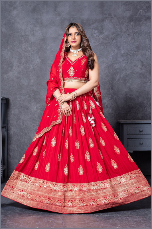 Traditional Red Embroidered Silk Lehenga Choli Set with Zari and Mirror Work Dupatta - Mangaldeep NX