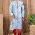 Traditional Sky Blue Embroidered Art Silk Kurta for Men with Maroon Pyjama - Mangaldeep NX