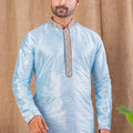 Traditional Sky Blue Embroidered Art Silk Kurta for Men with Maroon Pyjama - Mangaldeep NX