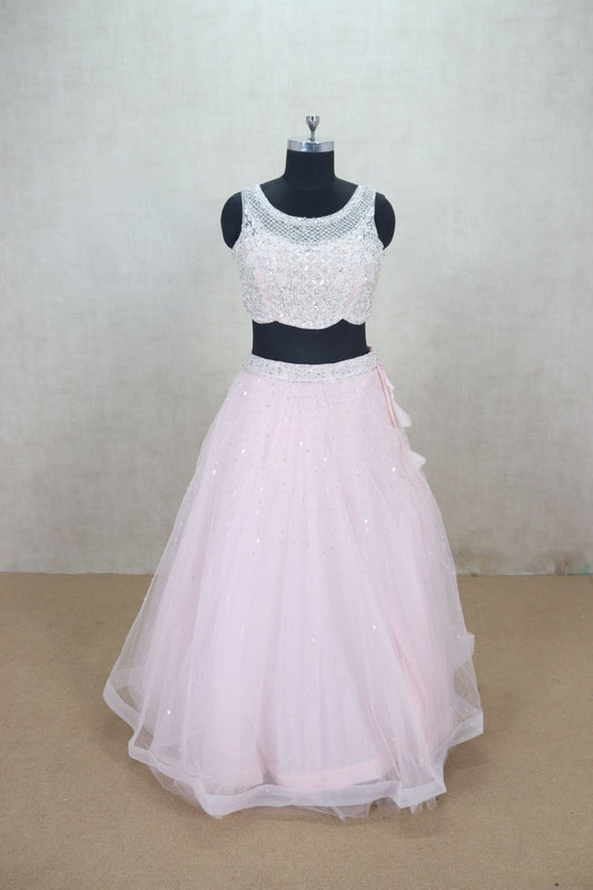 Trendy Baby Pink Net Lehenga Sleeveless Choli - Mangaldeep NX