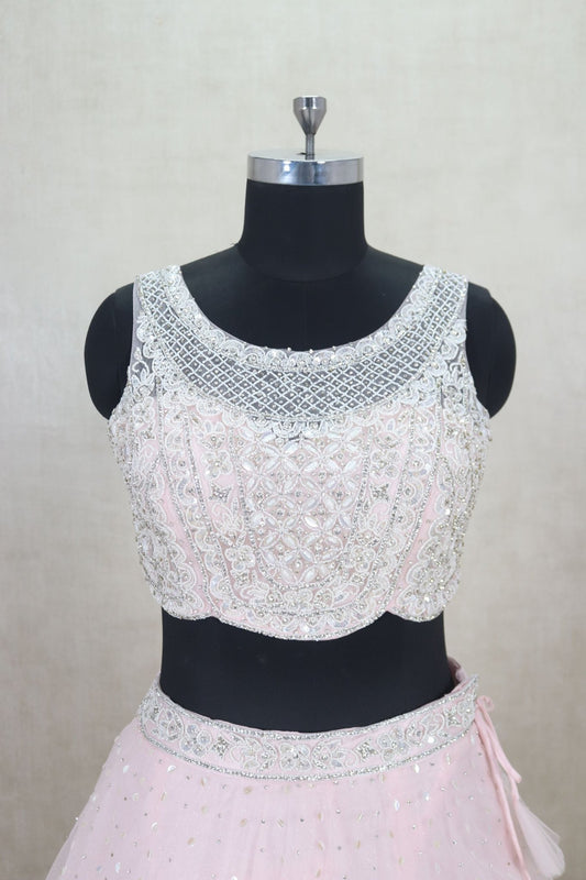 Trendy Baby Pink Net Lehenga Sleeveless Choli - Mangaldeep NX
