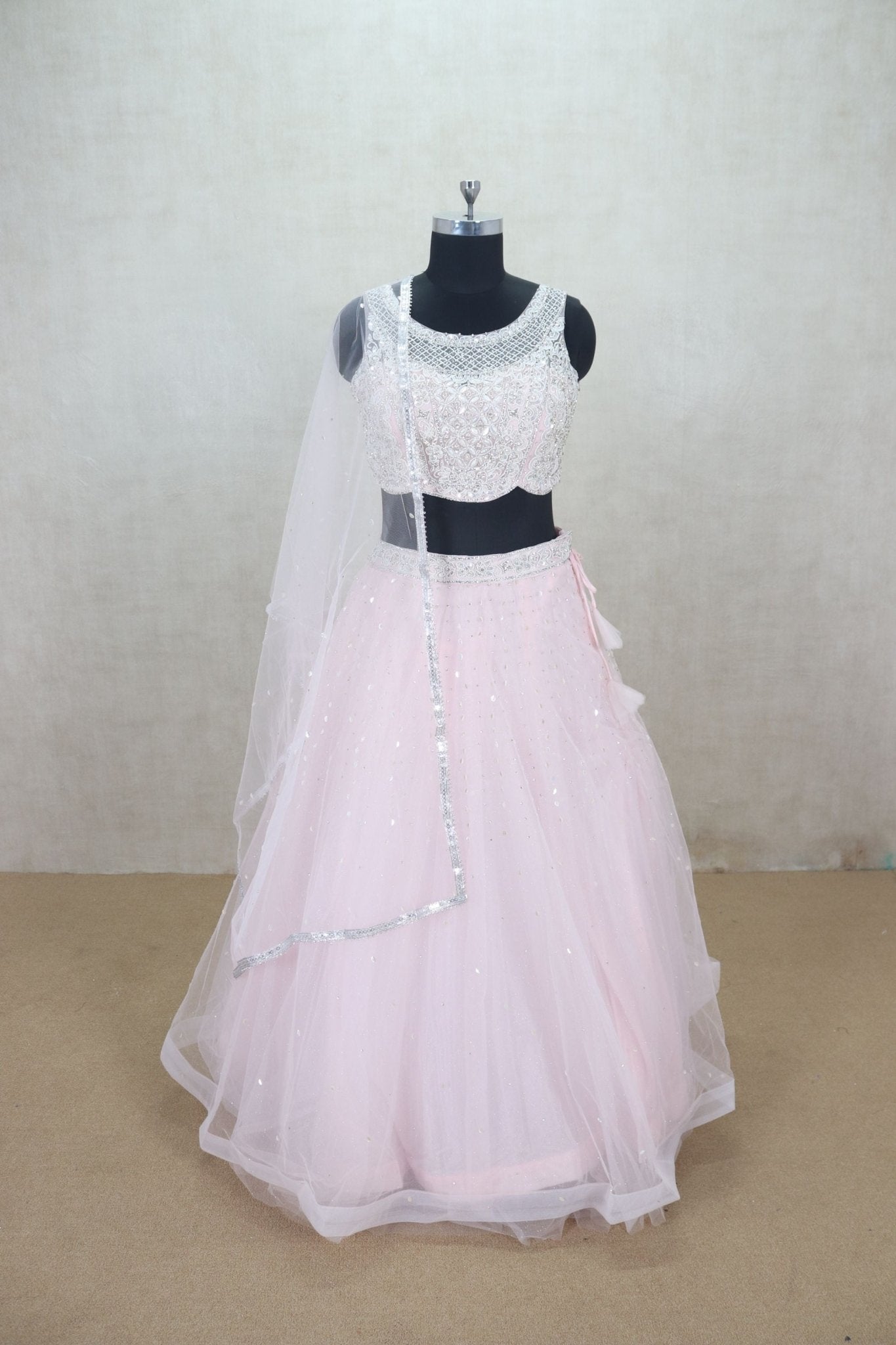 Trendy Baby Pink Net Lehenga Sleeveless Choli - Mangaldeep NX