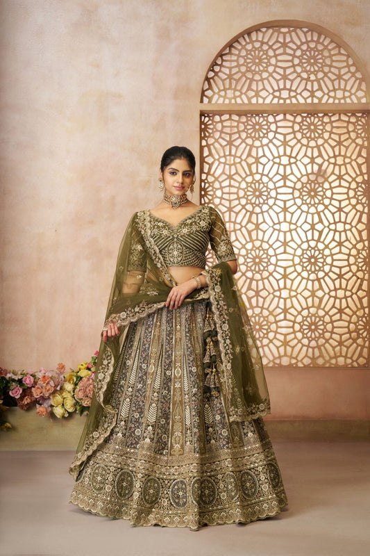 Trendy Mehendi Green Heavy Embroidered Bridal Lehenga Choli Set with Net Dupatta - Mangaldeep NX