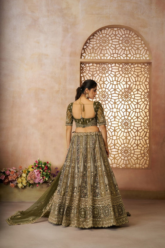Trendy Mehendi Green Heavy Embroidered Bridal Lehenga Choli Set with Net Dupatta - Mangaldeep NX