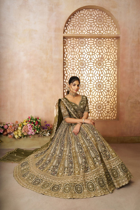 Trendy Mehendi Green Heavy Embroidered Bridal Lehenga Choli Set with Net Dupatta - Mangaldeep NX