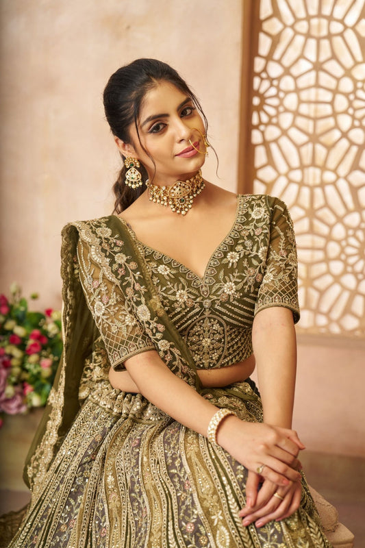 Trendy Mehendi Green Heavy Embroidered Bridal Lehenga Choli Set with Net Dupatta - Mangaldeep NX