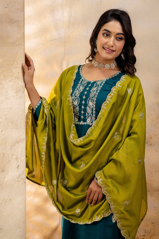 Trendy Morpeach Embroidered Silk Blend Salwar Suit With Olive Green Dupatta - Mangaldeep NX