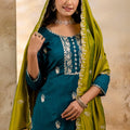 Trendy Morpeach Embroidered Silk Blend Salwar Suit With Olive Green Dupatta - Mangaldeep NX