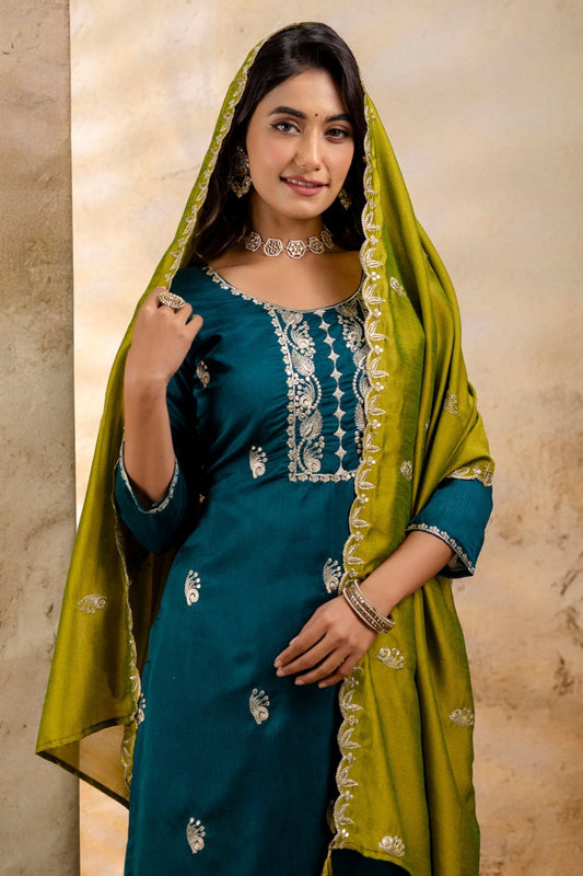 Trendy Morpeach Embroidered Silk Blend Salwar Suit With Olive Green Dupatta - Mangaldeep NX