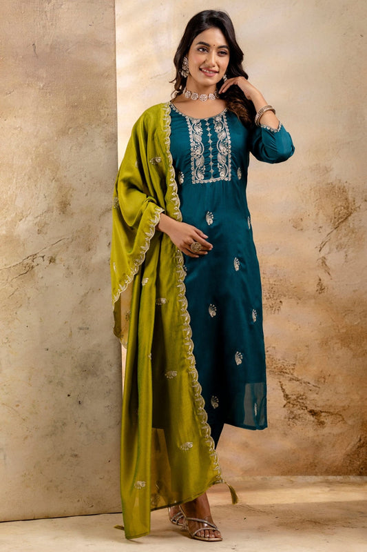 Trendy Morpeach Embroidered Silk Blend Salwar Suit With Olive Green Dupatta - Mangaldeep NX