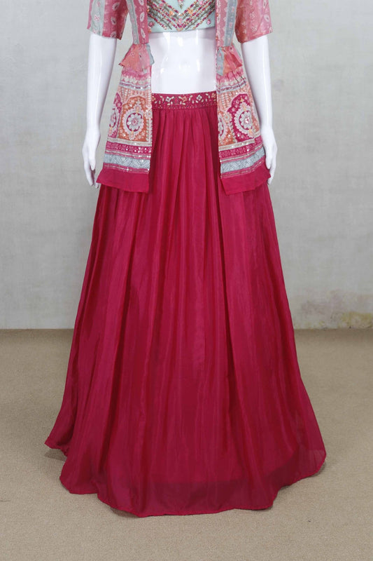 Trendy Pink and Aqua Blue Crop Top Lehenga Set with Printed Jacket - Mangaldeep NX