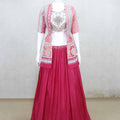 Trendy Pink and Aqua Blue Crop Top Lehenga Set with Printed Jacket - Mangaldeep NX