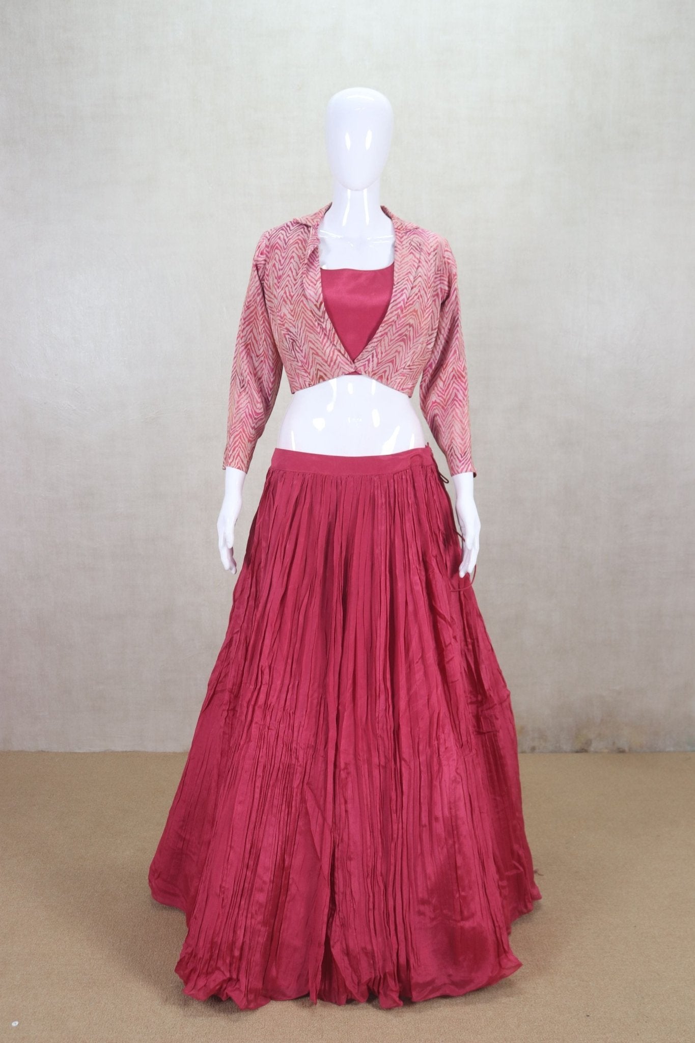 Trendy Rani Pink Crinkled Lehenga with Printed Jacket Blouse - Mangaldeep NX
