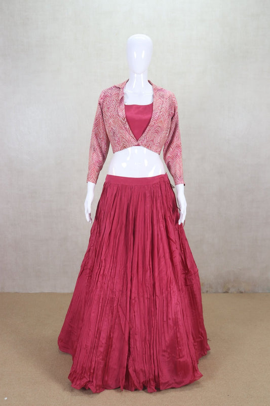 Trendy Rani Pink Crinkled Lehenga with Printed Jacket Blouse - Mangaldeep NX