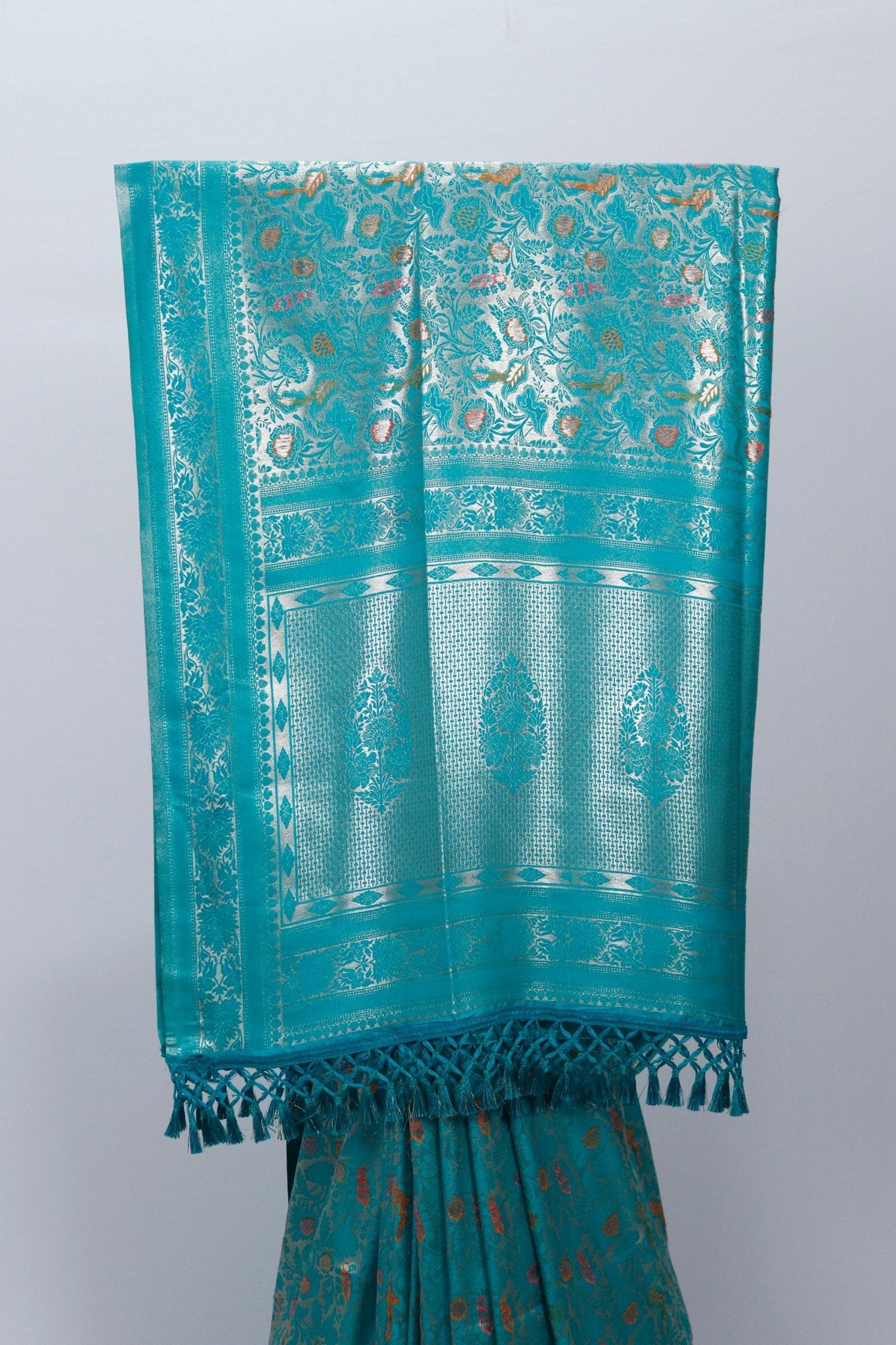 Turquoise Blue Banarasi Silk Saree with Golden Zari Floral Weaving & Tassel Pallu – Traditional Wedding & Festive Wear - Mangaldeep NX