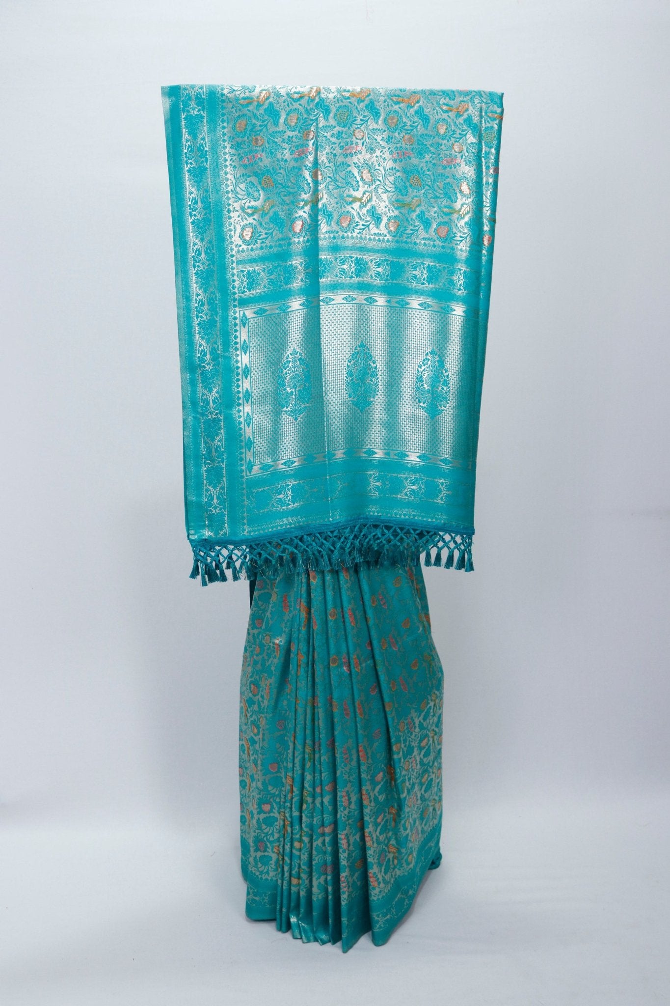 Turquoise Blue Banarasi Silk Saree with Golden Zari Floral Weaving & Tassel Pallu – Traditional Wedding & Festive Wear - Mangaldeep NX
