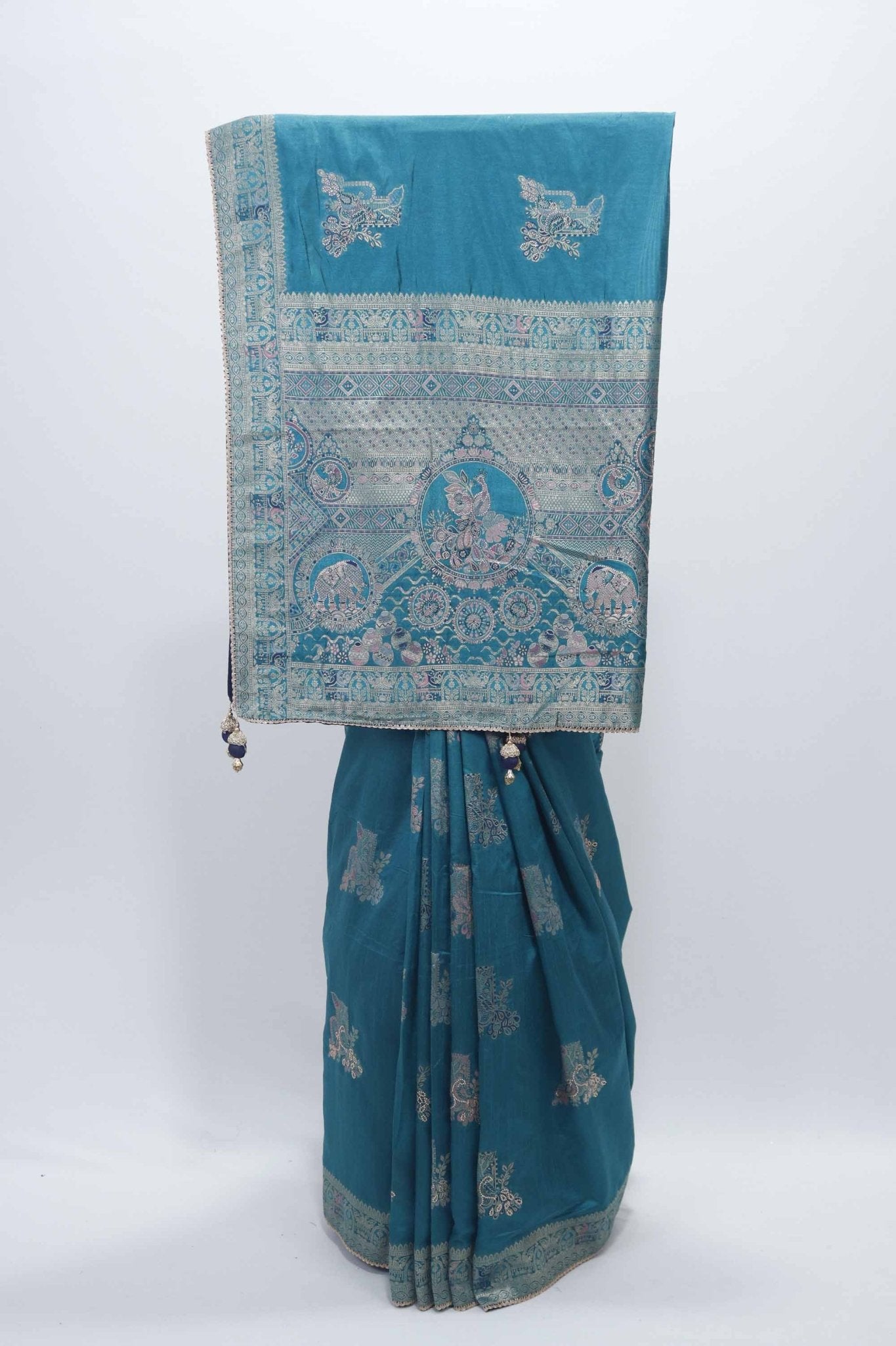 Turquoise Blue Bangalori Silk Saree with Zari Woven Pallu and Traditional Motifs - Mangaldeep NX