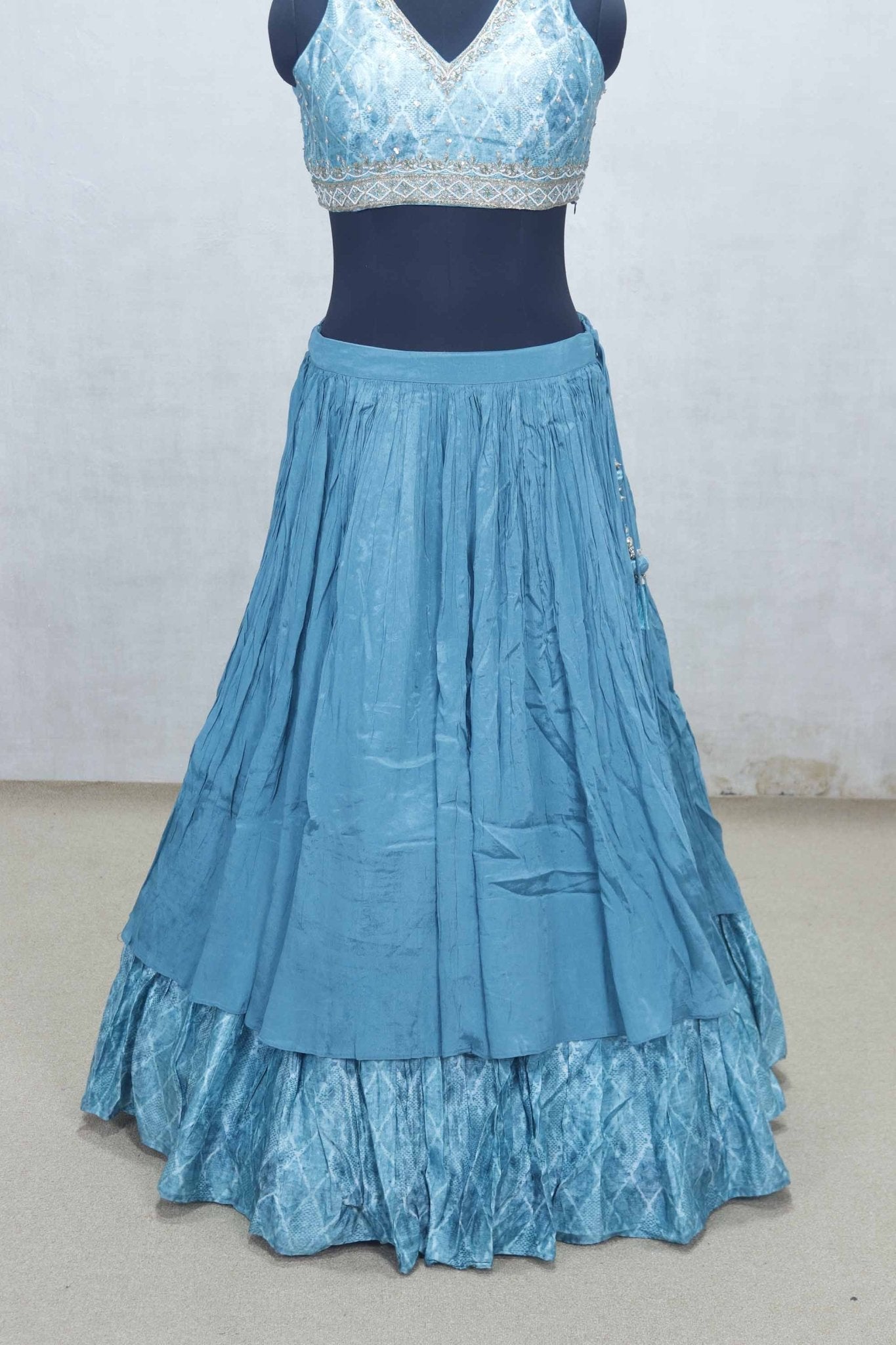 Turquoise Blue Crushed Layered Lehenga Choli with V - Neck Embroidered Blouse - Mangaldeep NX