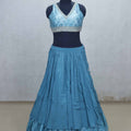 Turquoise Blue Crushed Layered Lehenga Choli with V - Neck Embroidered Blouse - Mangaldeep NX