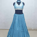 Turquoise Blue Crushed Layered Lehenga Choli with V - Neck Embroidered Blouse - Mangaldeep NX