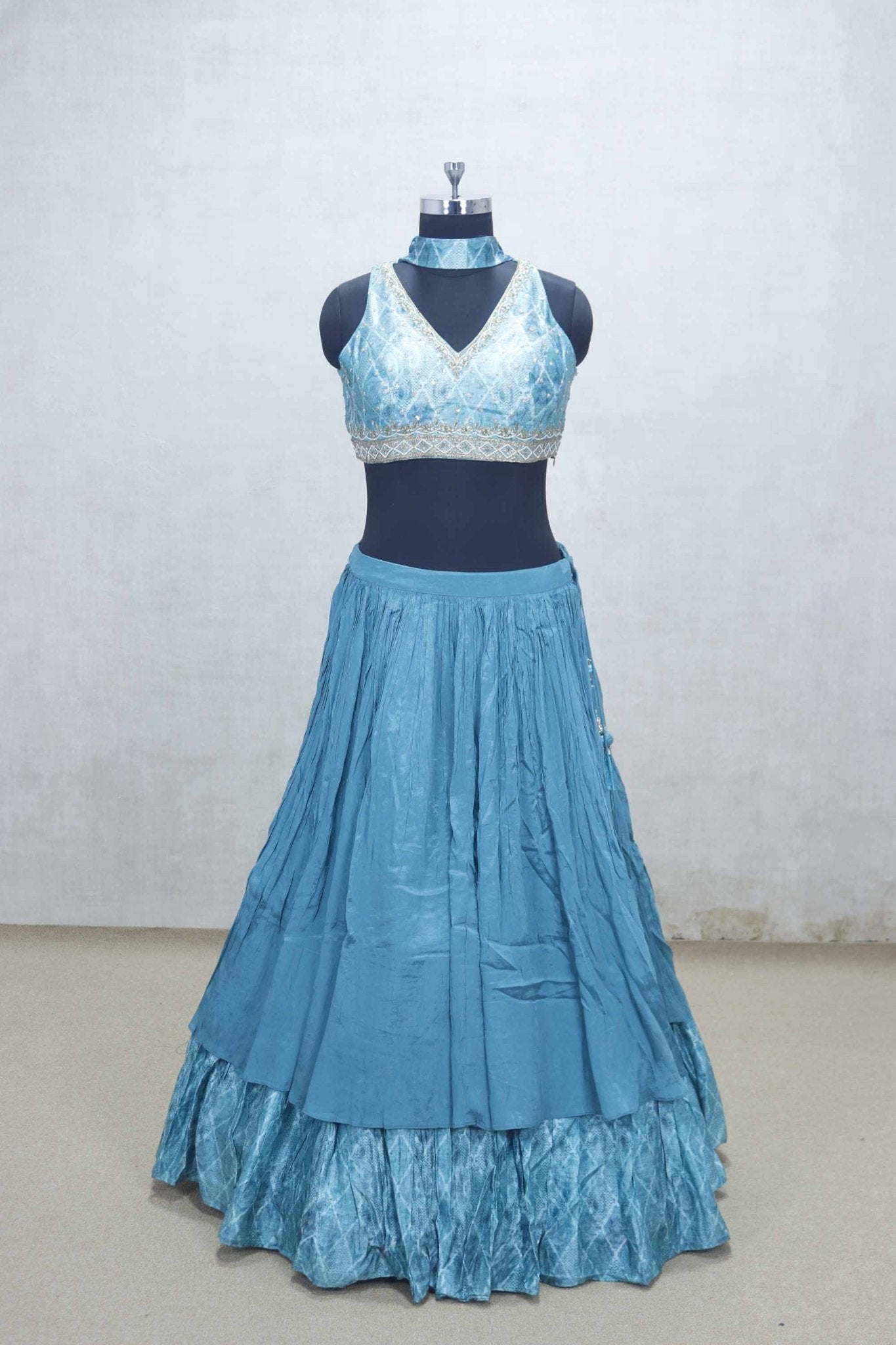 Turquoise Blue Crushed Layered Lehenga Choli with V - Neck Embroidered Blouse - Mangaldeep NX