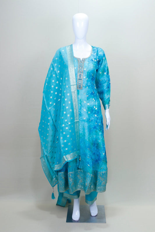 Turquoise Blue Tie - Dye Embroidered Salwar Suit with Matching Dupatta - Mangaldeep NX