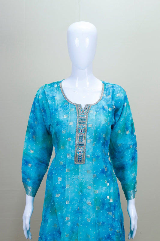 Turquoise Blue Tie - Dye Embroidered Salwar Suit with Matching Dupatta - Mangaldeep NX