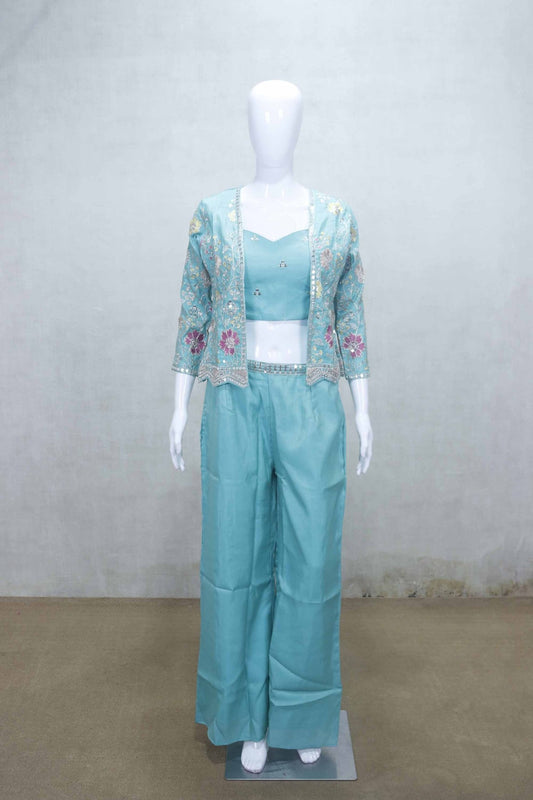 Turquoise Embroidered Crop Top with Jacket and Palazzo Pants Set - Mangaldeep NX