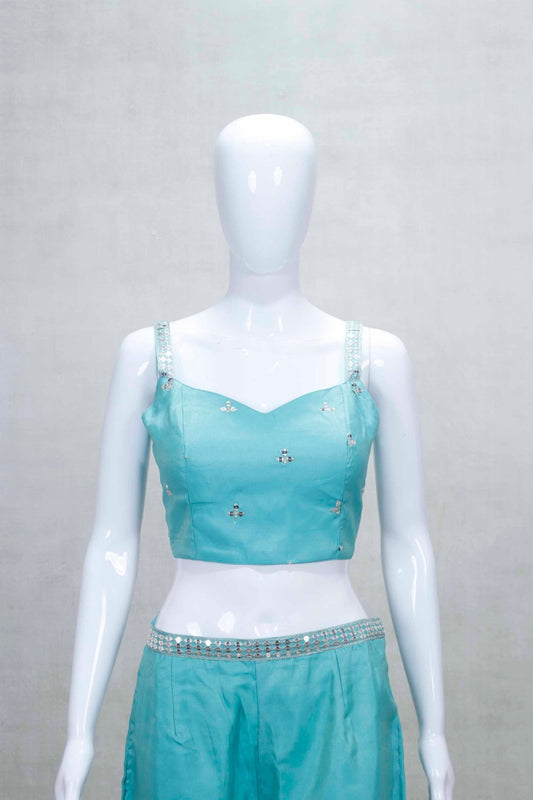 Turquoise Embroidered Crop Top with Jacket and Palazzo Pants Set - Mangaldeep NX