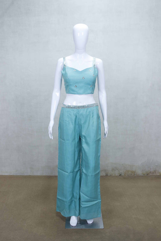 Turquoise Embroidered Crop Top with Jacket and Palazzo Pants Set - Mangaldeep NX