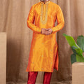 Vibrant Orange Embroidered Art Silk Kurta for Men with Maroon Pyjama - Mangaldeep NX