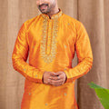 Vibrant Orange Embroidered Art Silk Kurta for Men with Maroon Pyjama - Mangaldeep NX
