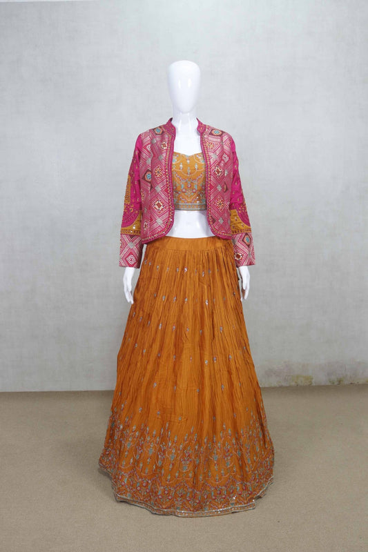 Vibrant Orange Embroidered Lehenga with Mirror Work Crop Top and Jacket - Mangaldeep NX