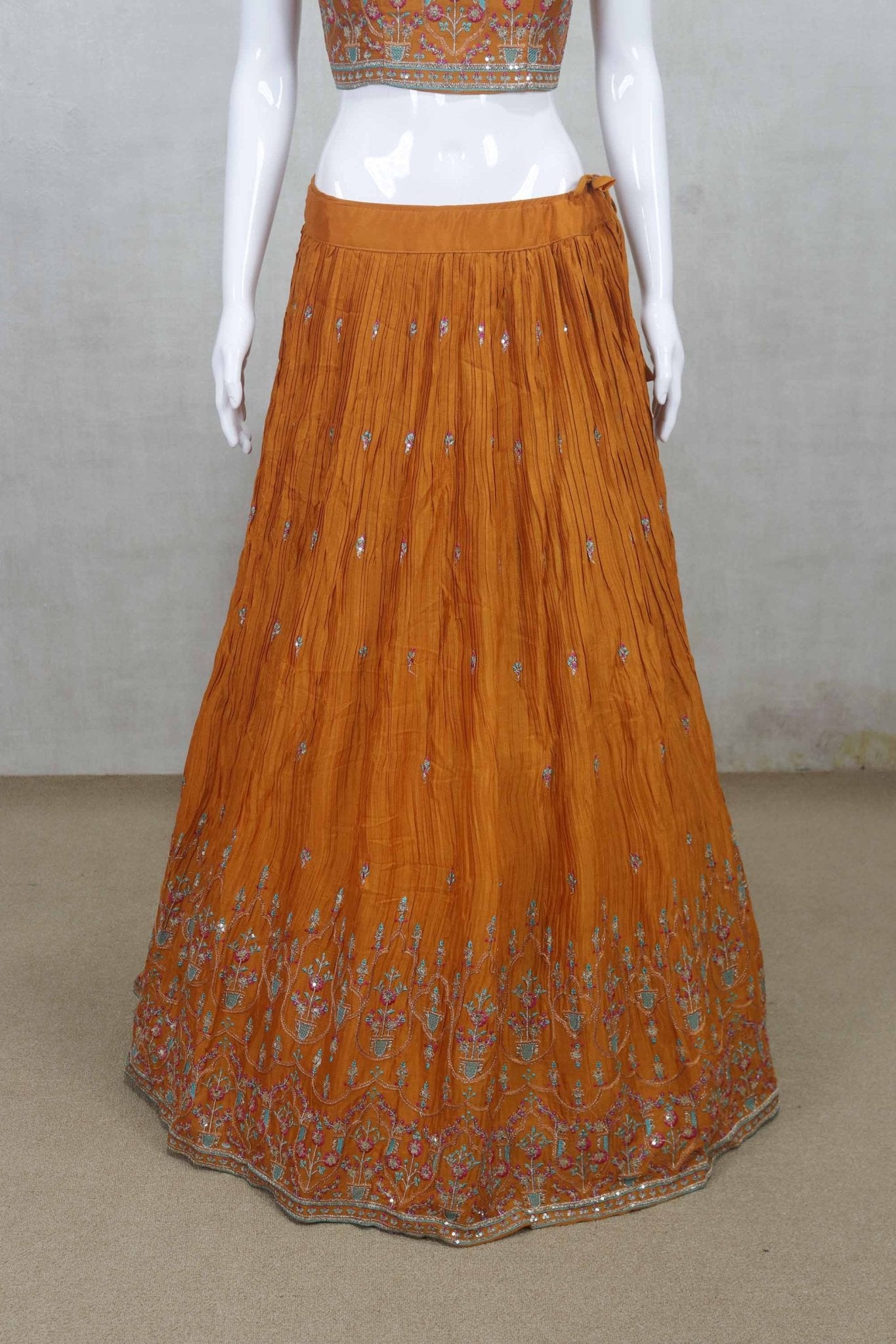 Vibrant Orange Embroidered Lehenga with Mirror Work Crop Top and Jacket - Mangaldeep NX
