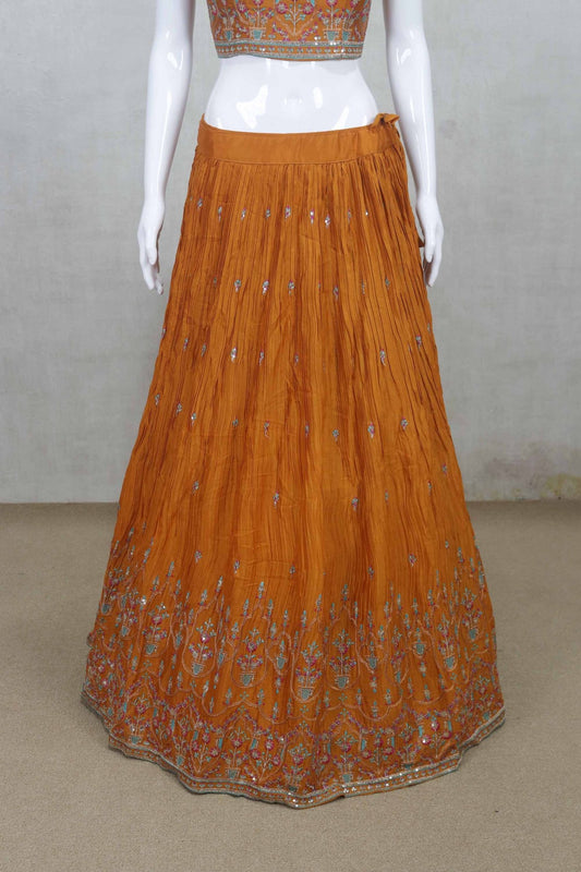 Vibrant Orange Embroidered Lehenga with Mirror Work Crop Top and Jacket - Mangaldeep NX