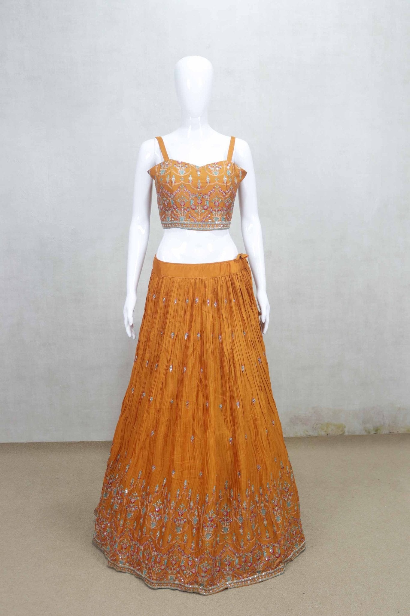 Vibrant Orange Embroidered Lehenga with Mirror Work Crop Top and Jacket - Mangaldeep NX
