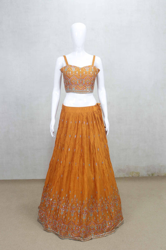 Vibrant Orange Embroidered Lehenga with Mirror Work Crop Top and Jacket - Mangaldeep NX