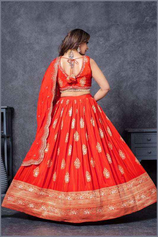 Vibrant Orange Embroidered Silk Lehenga Choli Set with Zari and Mirror Work Dupatta - Mangaldeep NX