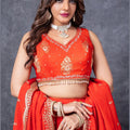 Vibrant Orange Embroidered Silk Lehenga Choli Set with Zari and Mirror Work Dupatta - Mangaldeep NX