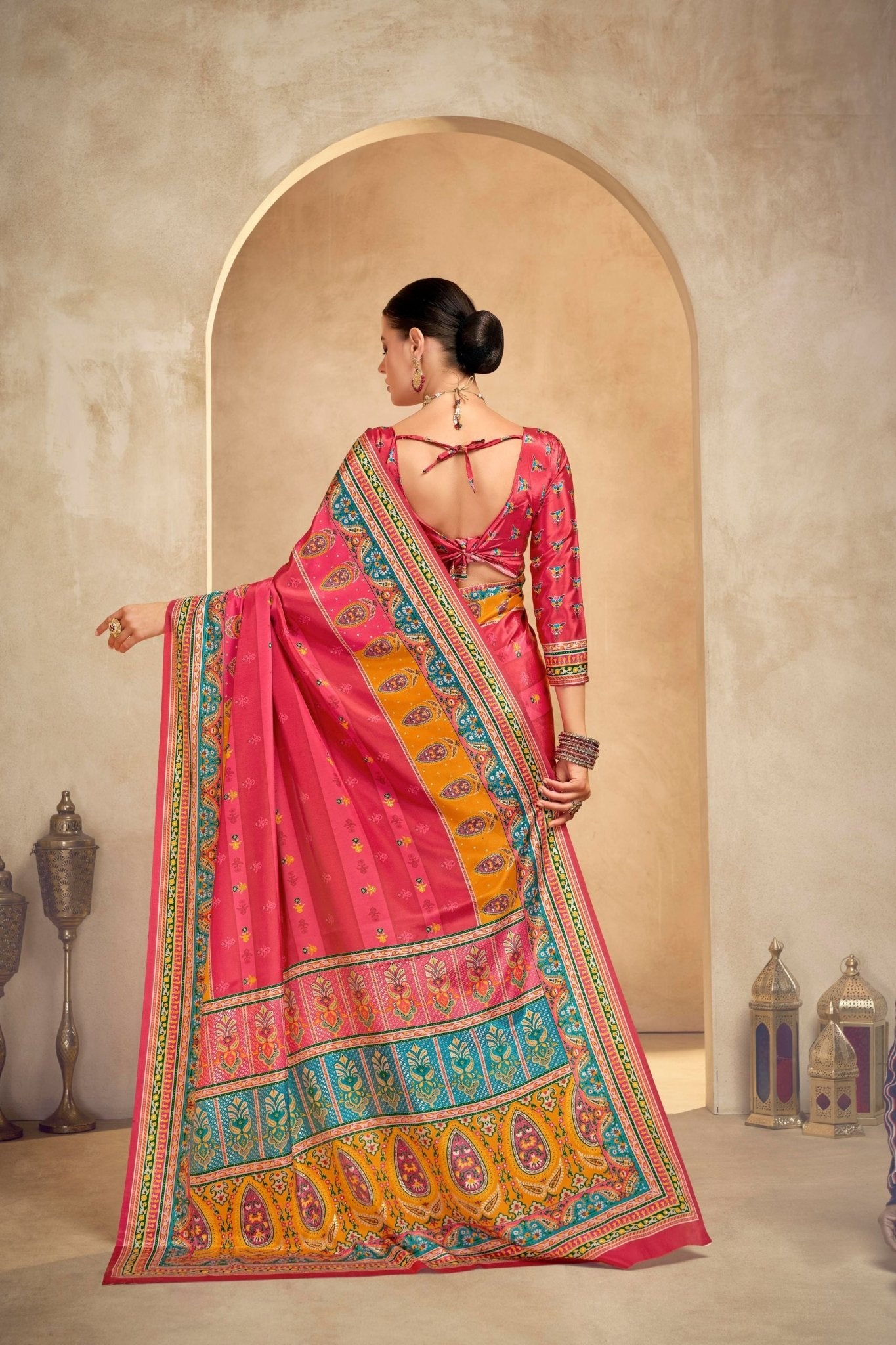 Vibrant Pink and Orange Bandhani Printed Saree with Traditional Motifs - Mangaldeep NX