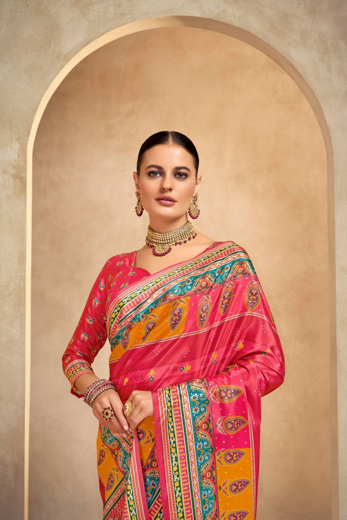 Vibrant Pink and Orange Bandhani Printed Saree with Traditional Motifs - Mangaldeep NX