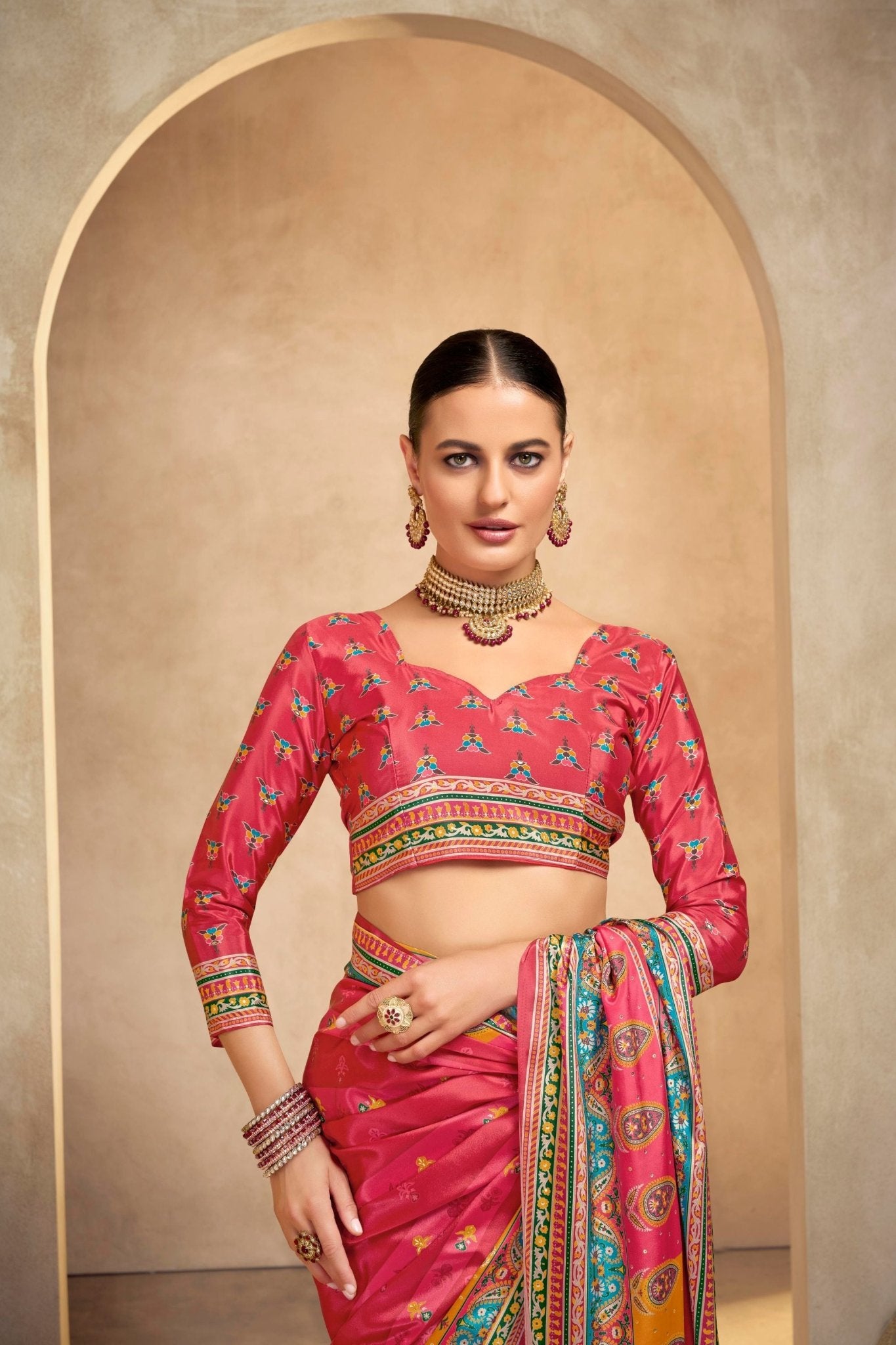 Vibrant Pink and Orange Bandhani Printed Saree with Traditional Motifs - Mangaldeep NX