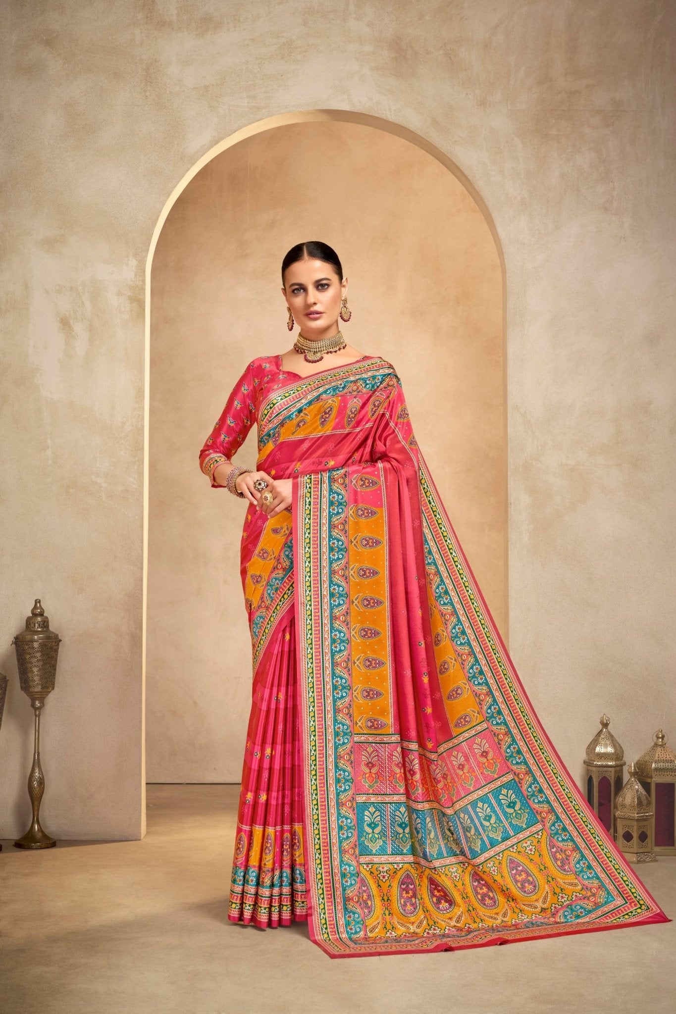 Vibrant Pink and Orange Bandhani Printed Saree with Traditional Motifs - Mangaldeep NX