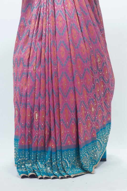 Vibrant Pink and Turquoise Bandhani Silk Saree with Intricate Gold Zari Work and Tassel Detailing - Mangaldeep NX