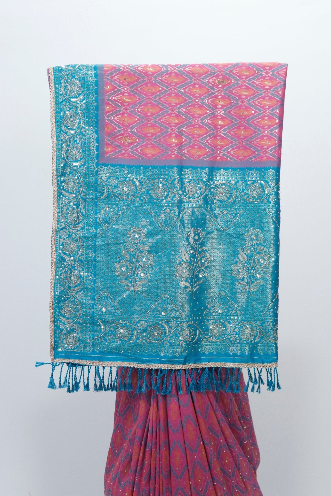 Vibrant Pink and Turquoise Bandhani Silk Saree with Intricate Gold Zari Work and Tassel Detailing - Mangaldeep NX