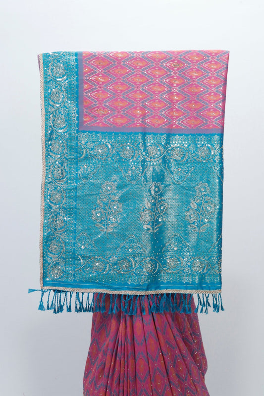 Vibrant Pink and Turquoise Bandhani Silk Saree with Intricate Gold Zari Work and Tassel Detailing - Mangaldeep NX