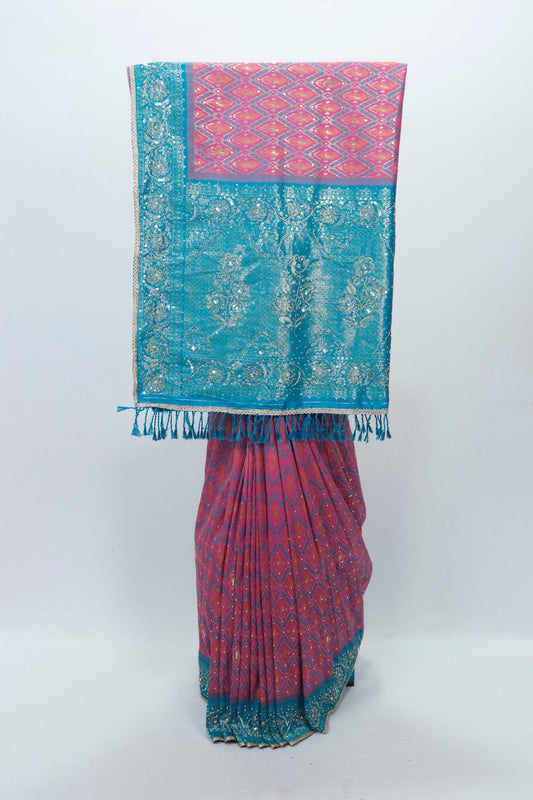 Vibrant Pink and Turquoise Bandhani Silk Saree with Intricate Gold Zari Work and Tassel Detailing - Mangaldeep NX