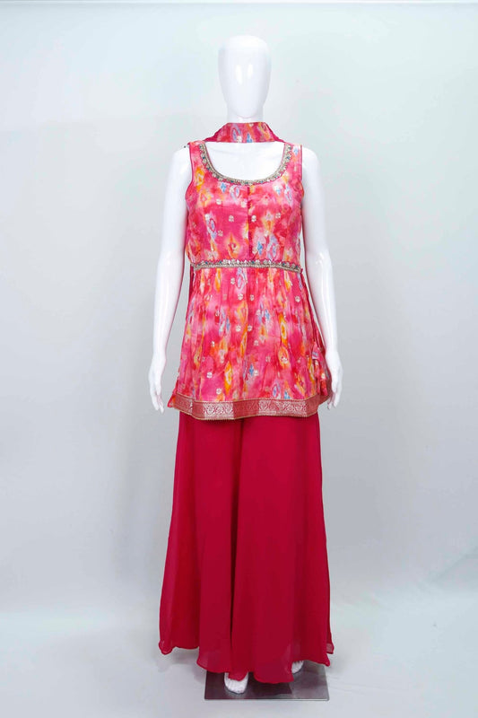 Vibrant Pink Printed Peplum Palazzo Sharara Set - Mangaldeep NX