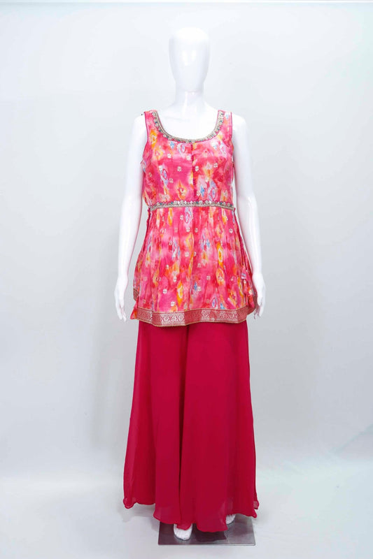 Vibrant Pink Printed Peplum Palazzo Sharara Set - Mangaldeep NX